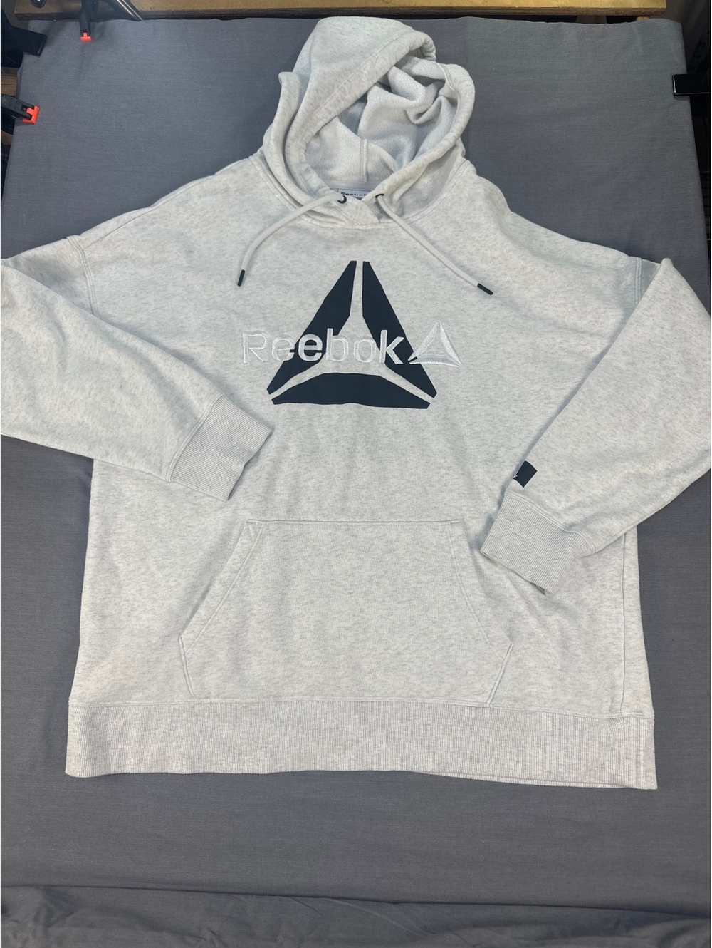 Reebok XL Light Gray Hoodie with Black Logo, Cozy and Comfy
